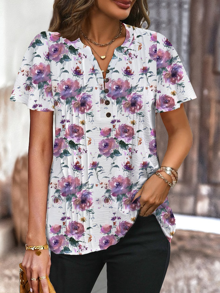 

Short Sleeve Floral Regular Loose Shirt For Women, Flower, Blouses