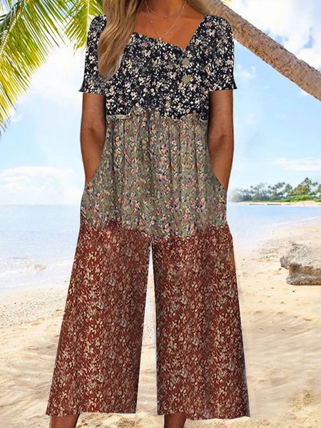 

Women Short Sleeve Asymmetrical Loose Long Buckle Daily Vacation Contrast Stitching Natural Jumpsuit, Multicolor, Jumpsuits&Rompers