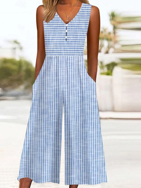 

Women Sleeveless V Neck Loose Ankle Pants Buckle Daily Vacation Striped Natural Jumpsuit, Blue, Jumpsuits&Rompers