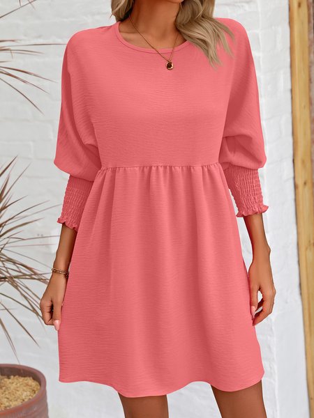 Women Plain Crew Neck Long Sleeve Comfy Casual Short Dress, Watermelon, Dresses