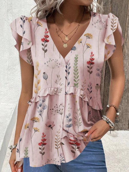 

V Neck Short Sleeve Small Floral Regular Loose Blouse For Women, Pink, Blouses
