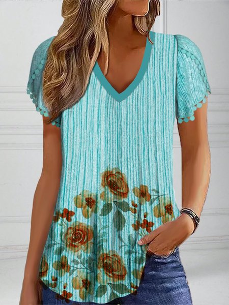 

V Neck Short Sleeve Floral Regular Micro-Elasticity Loose Shirt For Women, Green, Blouses