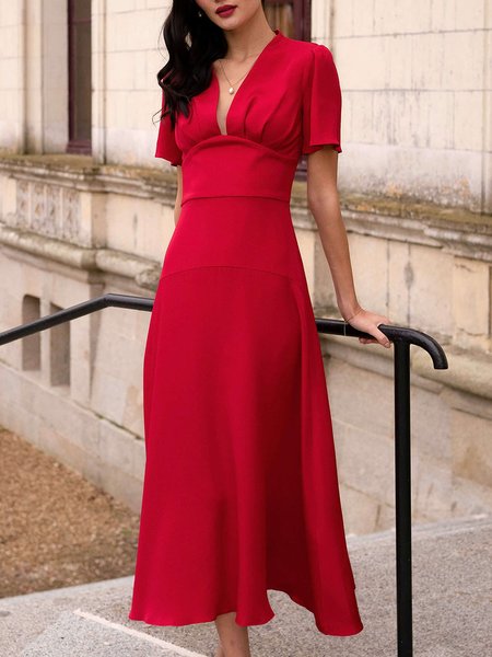 

Short Sleeve Plain Regular Fit V Neck Elegant Dress, Red, Midi Dresses