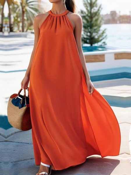 

Loose Halter Plain Vacation Dress, Orange, Maxi Dresses