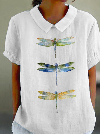 

Cotton Dragonfly Shawl Collar Simple Shirt, White, Blouses & Shirts