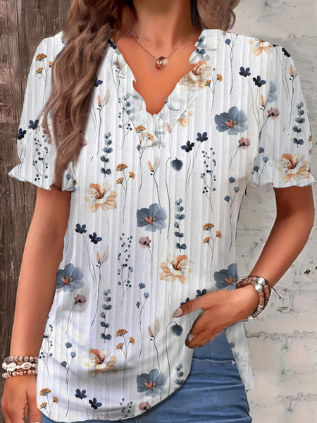 

Lace Collar Short Sleeve Floral Regular Loose Shirt For Women, White, Blouses