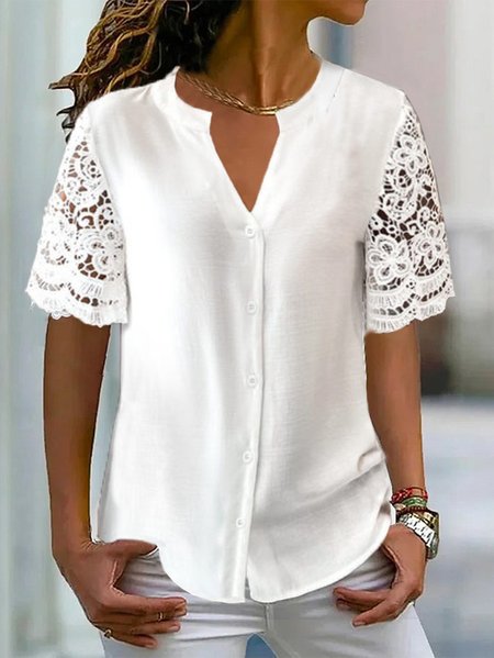 

Loose Lace Simple Plain Blouse, White, Shirts & Blouses