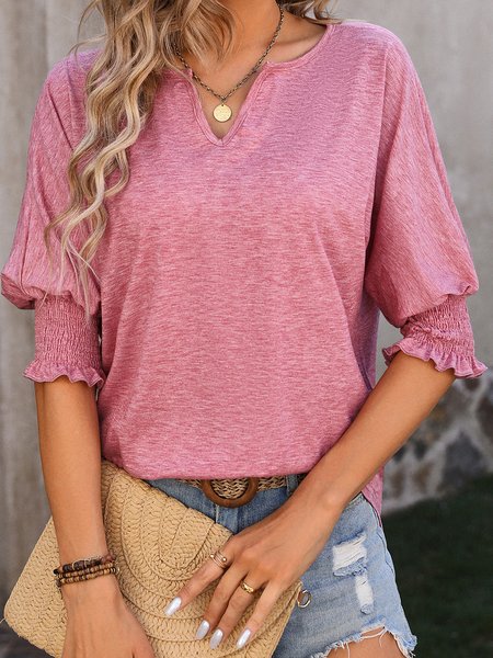 V Neck Half Sleeve Plain Regular Micro-Elasticity Loose Shirt For Women, Pink, Blouses