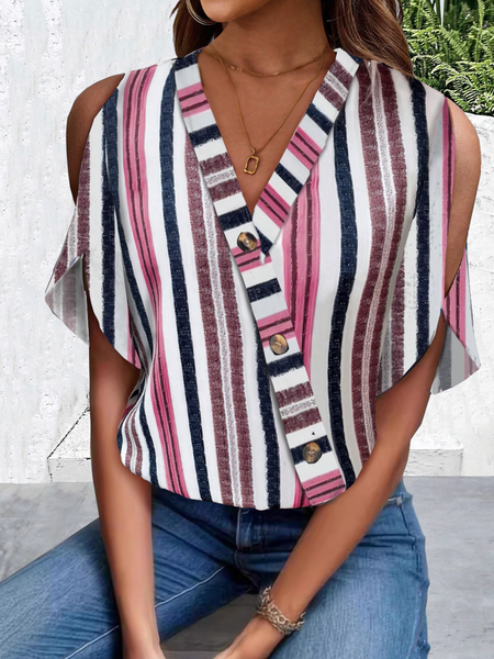 

V Neck Short Sleeve Striped Regular Loose Shirt For Women, Flower, Blouses