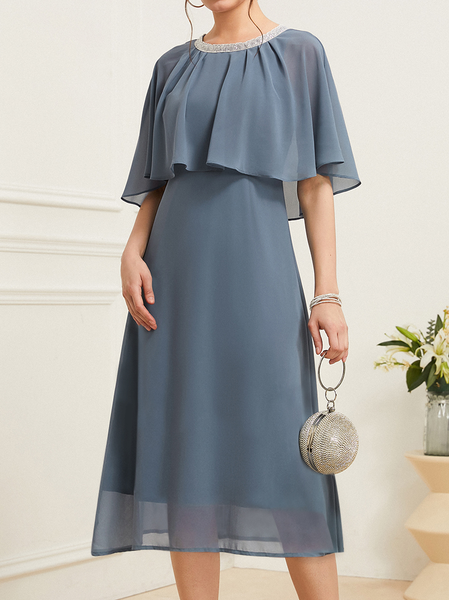 

Chiffon Elegant Plain Dress, Blue, Dresses