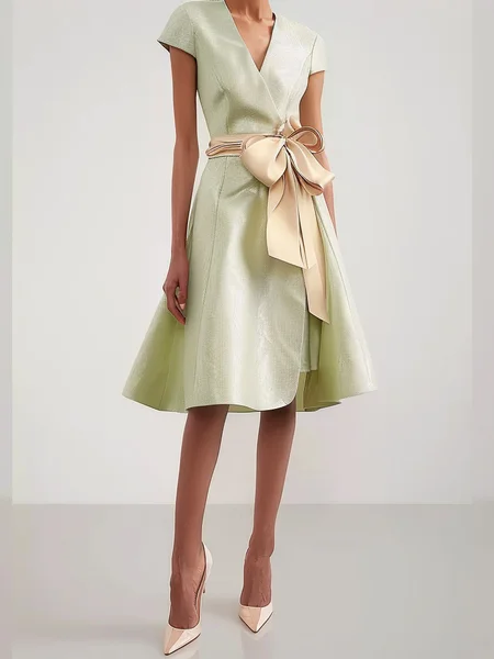 

Women's Short Sleeve Summer Color Block Bow Dress V Neck Date Going Out Urban Midi X-Line, Green, Dresses