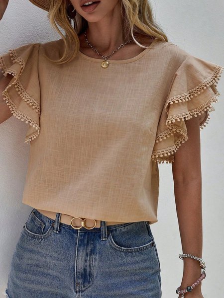 Crew Neck Ruffled Sleeves Cap Sleeve Plain Regular Regular Fit Shirt For Women, Khaki, Blouses