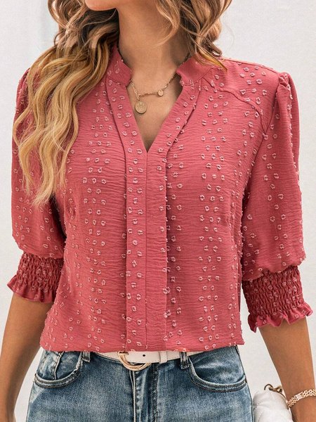 

V Neck Half Sleeve Plain Regular Loose Shirt For Women, Pink, Blouses