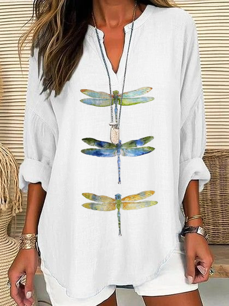 

Cotton Dragonfly V Neck Casual Shirt, White, Blouses & Shirts