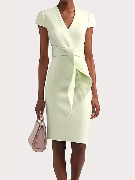 

Women's Short Sleeve Summer Plain Ruched Dress V Neck Cocktail Going Out Urban Midi H-Line Green, Dresses