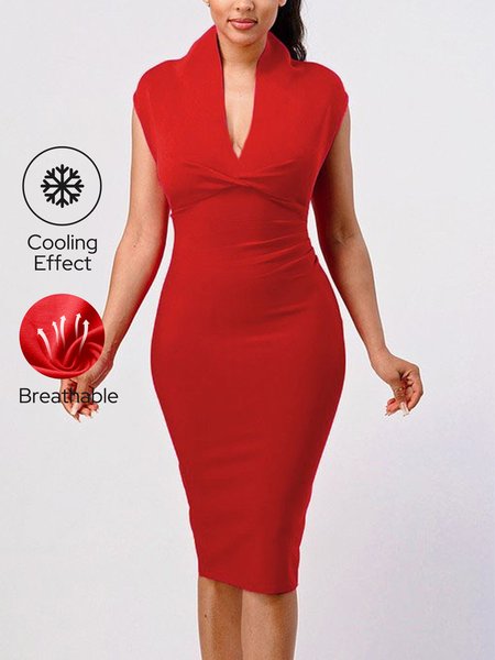 

Plain V Neck Elegant Sleeveless Midi Dress, Red, Midi Dresses