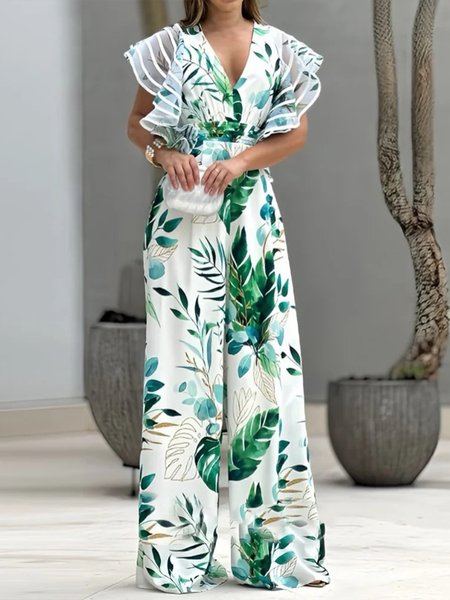 

Floral V Neck Regular Fit Vacation Jumpsuit, As picture, Jumpsuits