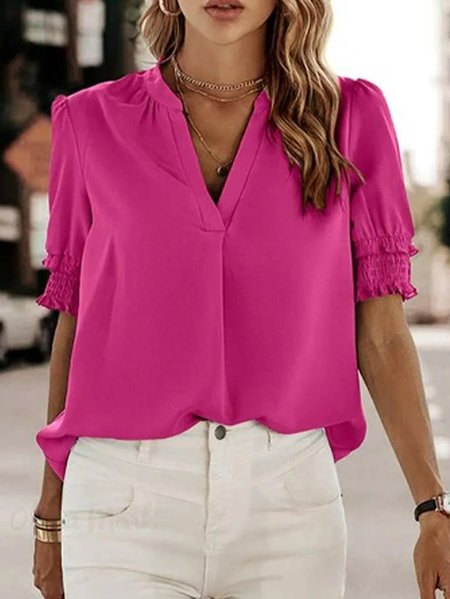 

V Neck Short Sleeve Plain Lightweight Loose Shirt For Women, Rose red, Blouses