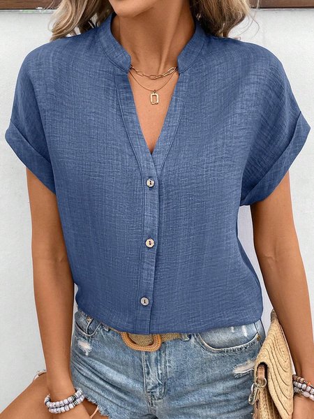 

V Neck Short Sleeve Plain Regular Loose Shirt For Women, Blue, Shirts