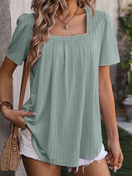 

Square Neck Short Sleeve Plain Regular Loose Shirt For Women, Lightgreen, Blouses