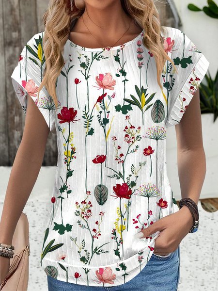 

Crew Neck Short Sleeve Floral Lightweight Micro-Elasticity Loose Shirt For Women, Green, Blouses
