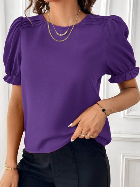 

Crew Neck Short Sleeve Plain Regular Regular Fit Shirt For Women, Purple, Blouses