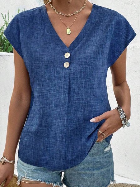

V Neck Cap Sleeve Plain Regular Loose Shirt For Women, Blue, Blouses