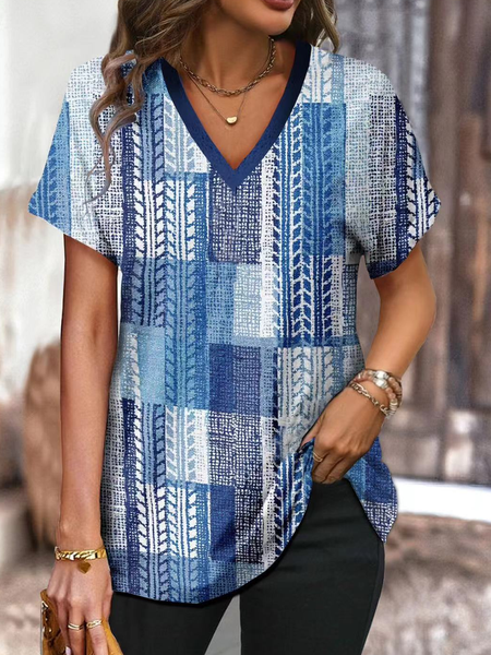 

Casual Plaid V Neck Short Sleeve T-shirt, Blue, Blouses