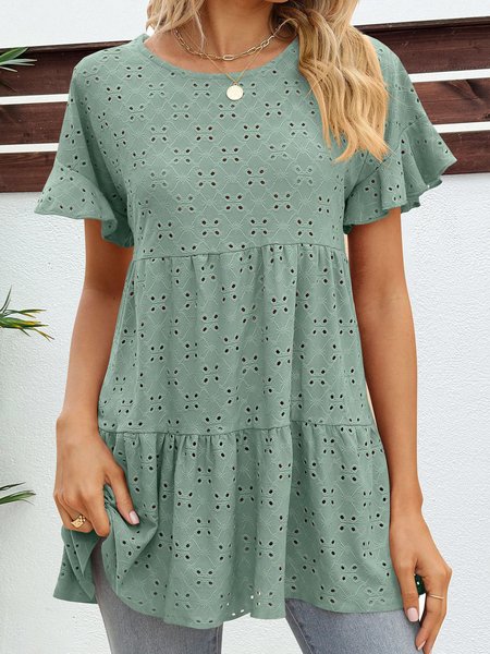 

Crew Neck Short Sleeve Plain Regular Loose Shirt For Women, Green, Blouses