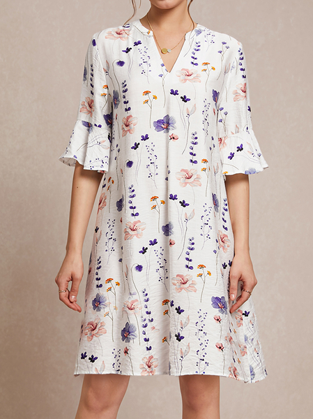 

Floral Casual Loose Shirt Collar Flare Sleeve Dress, White, Mini Dresses