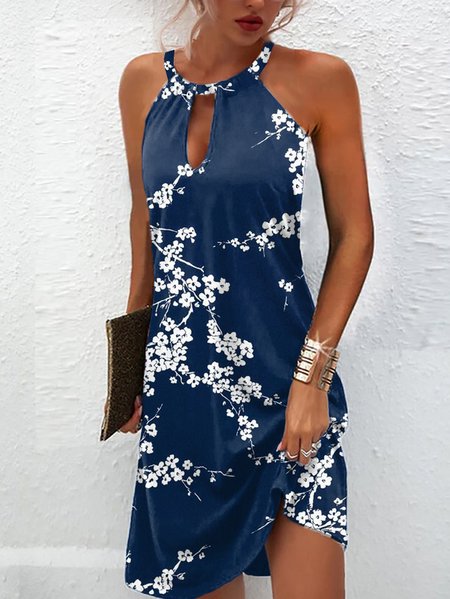 

Women's Mini Dress Party Halter Floral Sleeveless Short Dress, Blue, Short