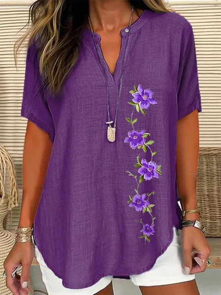 

Notched Casual Embroidery Blouse, Purple, Shirts & Blouses