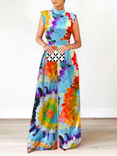 

Vacation Random Print Regular Fit Sleeveless Jumpsuit, As picture, Jumpsuits