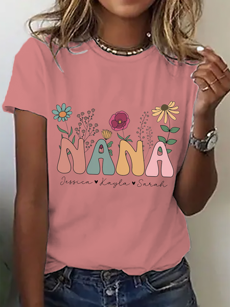 

Personalized Nana Wildflowers Crew Neck Casual T-Shirt, Orange pink, T-shirts