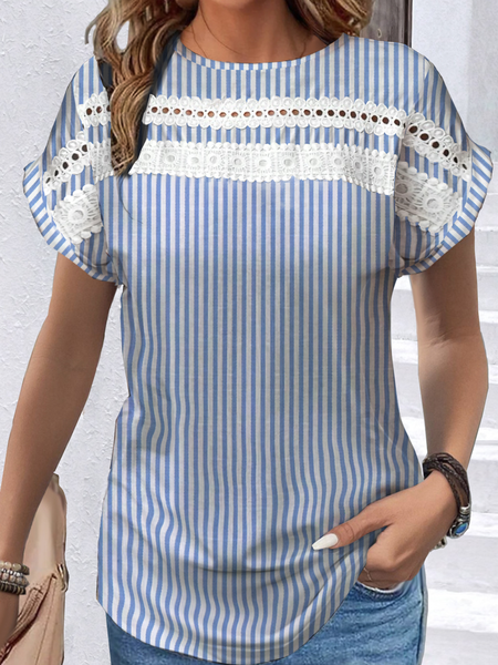 

Crew Neck Short Sleeve Striped Lace Edge Regular Loose Shirt For Women, Blue, Blouses