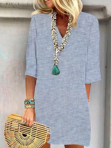 

Women Striped V Neck Half Sleeve Comfy Casual Short Dress, Blue, Dresses