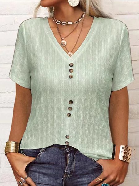 

V Neck Short Sleeve Plain Regular Regular Fit Blouse For Women, Green, Blouses