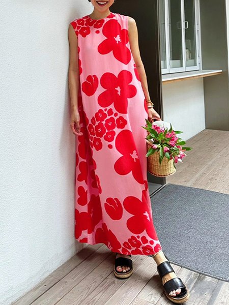 

Crew Neck Loose Floral Vacation Sleeveless Dress, Red, Maxi Dresses
