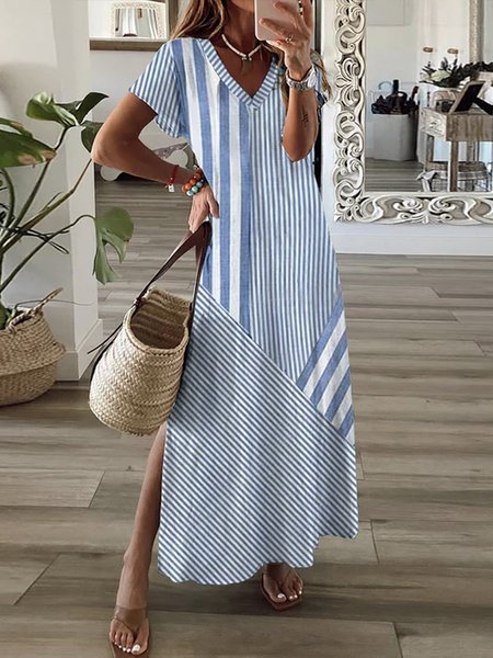 

Women Floral V Neck Short Sleeve Comfy Casual Maxi Dress, Blue, Maxi