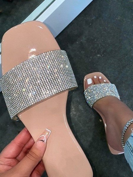 

Casual Plain Slip On Block Heel Slide Sandals Rhinestone, Pink, Women shoes