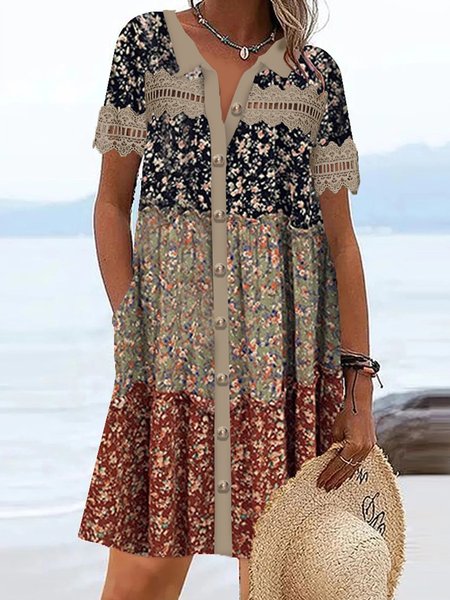 

Women Contrast Stitching Shirt Collar Short Sleeve Comfy Casual Lace Short Dress, Multicolor, Dresses