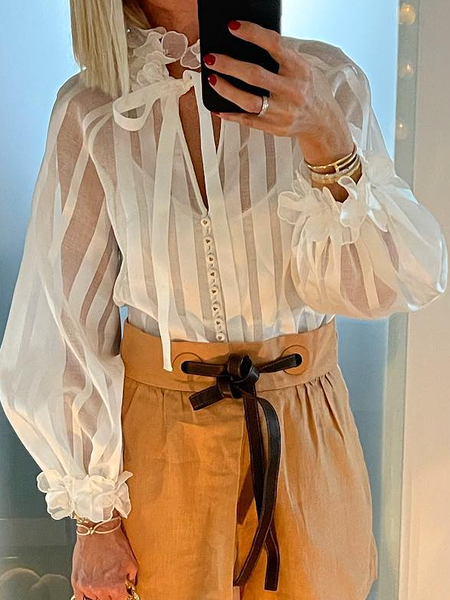 

Stand Collar Long Sleeve Elegant Loose Striped Blouse, White, Blouses and Shirts