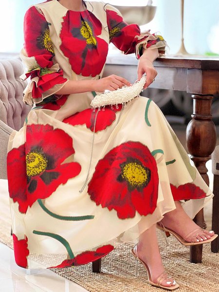 

Elegant Crew Neck Half Sleeve Floral Dress, Red, Maxi Dresses