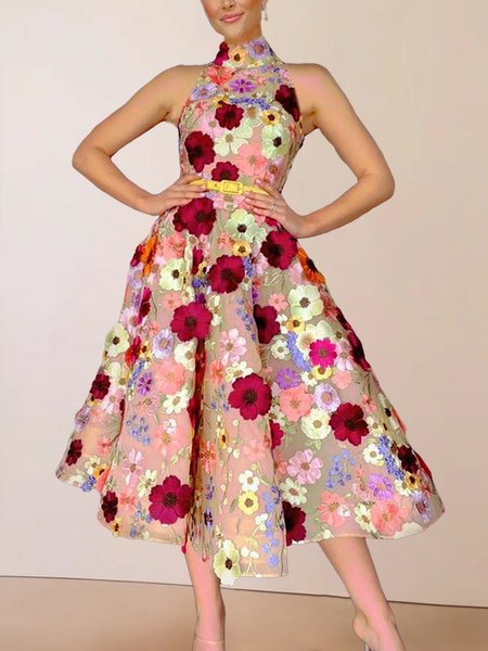 

Elegant Embroidery Regular Fit Dress With No Belt, Flower, Midi Dresses