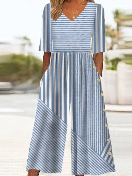 

Women Half Sleeve V Neck Loose Ankle Pants Buckle Daily Vacation Striped High Waist Jumpsuit, Blue, Jumpsuits&Rompers