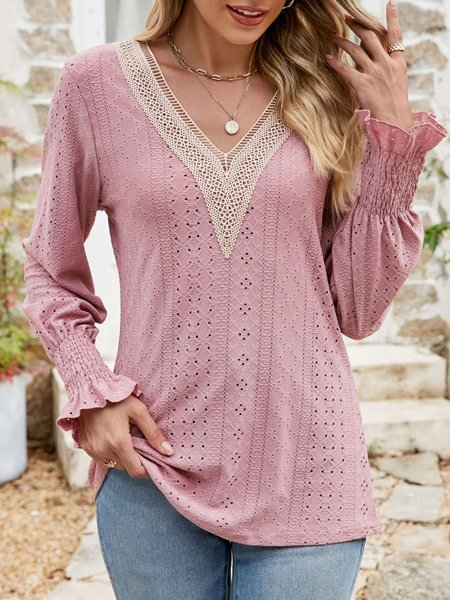 

V Neck Long Sleeve Plain Regular Regular Fit Shirt For Women, Pink, Blouses