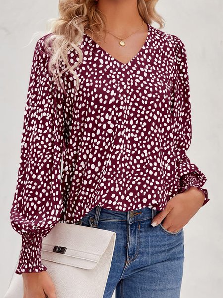 

V Neck Long Sleeve Polka Dots Lightweight Loose Shirt For Women, Wine red, Blouses
