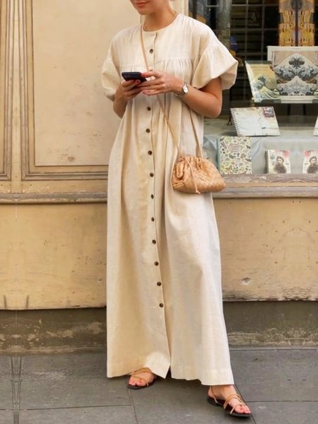 

Plain Casual Crew Neck Loose Short Sleeve Dress, Off white, Maxi Dresses