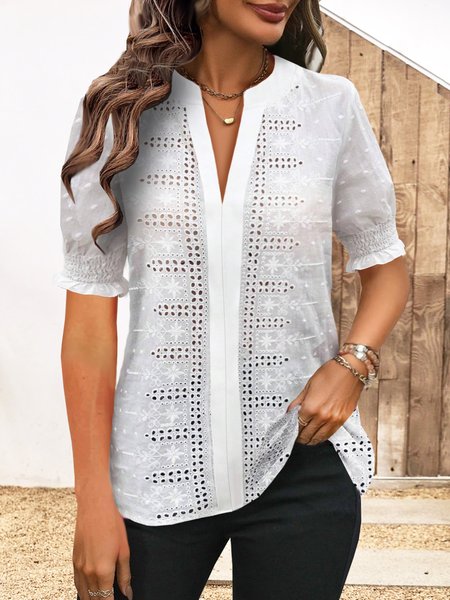 

Notched Half Sleeve Plain Regular Loose Shirt For Women, White, Blouses