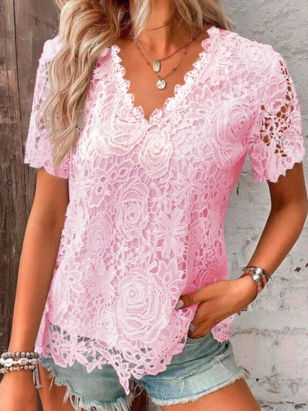 

V Neck Short Sleeve Plain Regular Micro-Elasticity Loose Shirt For Women, Pink, Blouses